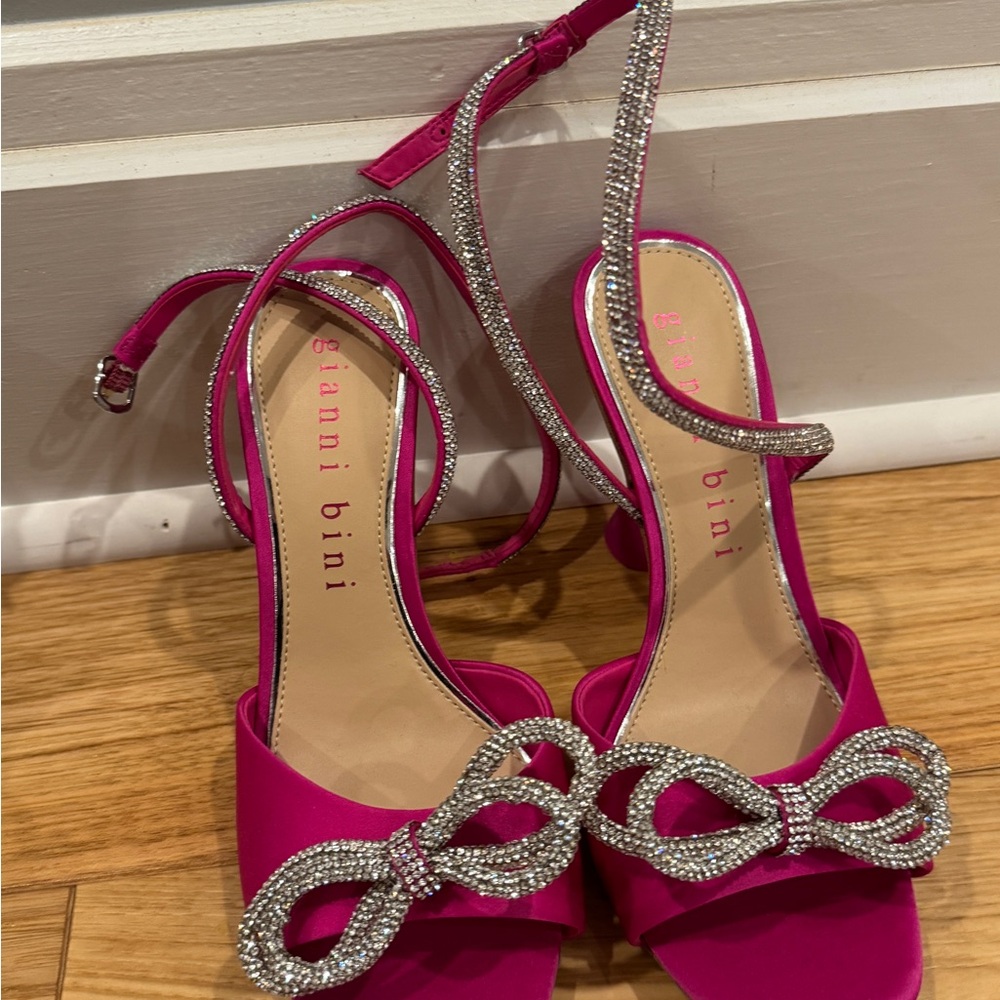 Gianni Bini Pink Strappy Heels with Rhinestone Bow